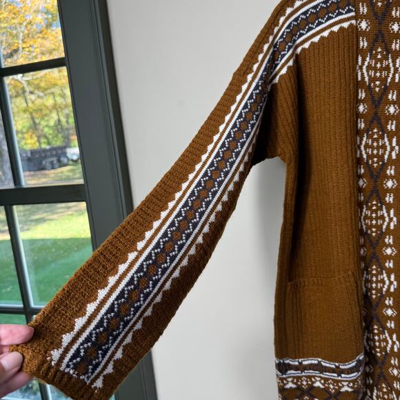 Lucky Brand Boho Knit Open Mustard Brown Cream Sweater SZ L Pockets Tribal Aztec - Picture 5 of 7